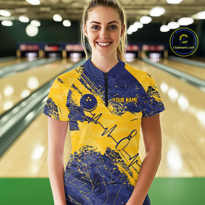 Blue And Yellow Grunge Heartbeat Bowling Polo, 1/4 Zip Shirt For Women Custom Bowling Team Jersey TDM7627