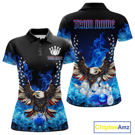 Blue Flaming American Flag Eagle Bowling Shirts For Women Custom Patriotic Bowling Team Jersey TDM7628