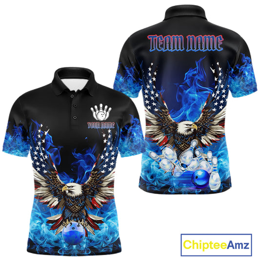 Blue Flaming American Flag Eagle Bowling Shirts For Men Custom Patriotic Bowling Team Jersey TDM7628