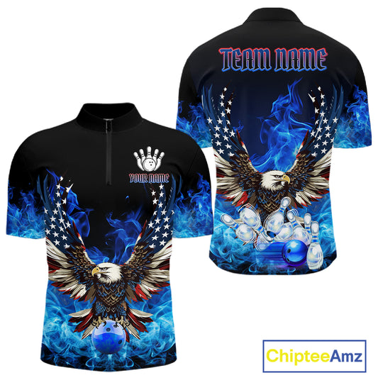 Blue Flaming American Flag Eagle Bowling Shirts For Men Custom Patriotic Bowling Team Jersey TDM7628