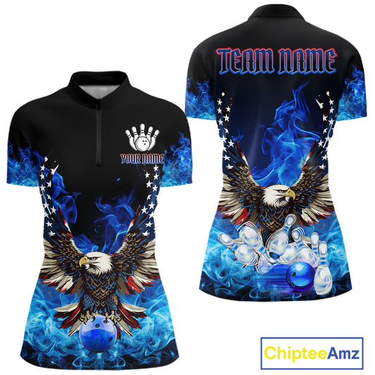 Blue Flaming American Flag Eagle Bowling Shirts For Women Custom Patriotic Bowling Team Jersey TDM7628