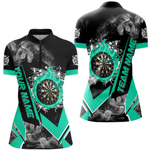 Personalized Dartboard Fire Flame Smoke Custom Dart Shirts For Women, Darts Team Jerseys | Turquoise TDM2812