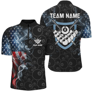 American Flag Smoke Custom Men Billiard Polo & 1/4 Zip Shirts, Patriotic Billiard Pool Team Jerseys TDM2815