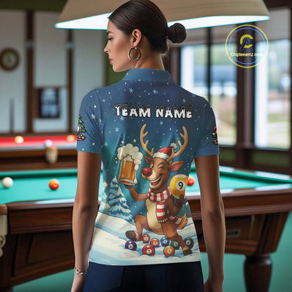 Funny Christmas Reindeer Beer Billiard Shirt For Women Custom 8 & 9 Ball Xmas Pool Team Jersey TDM5061