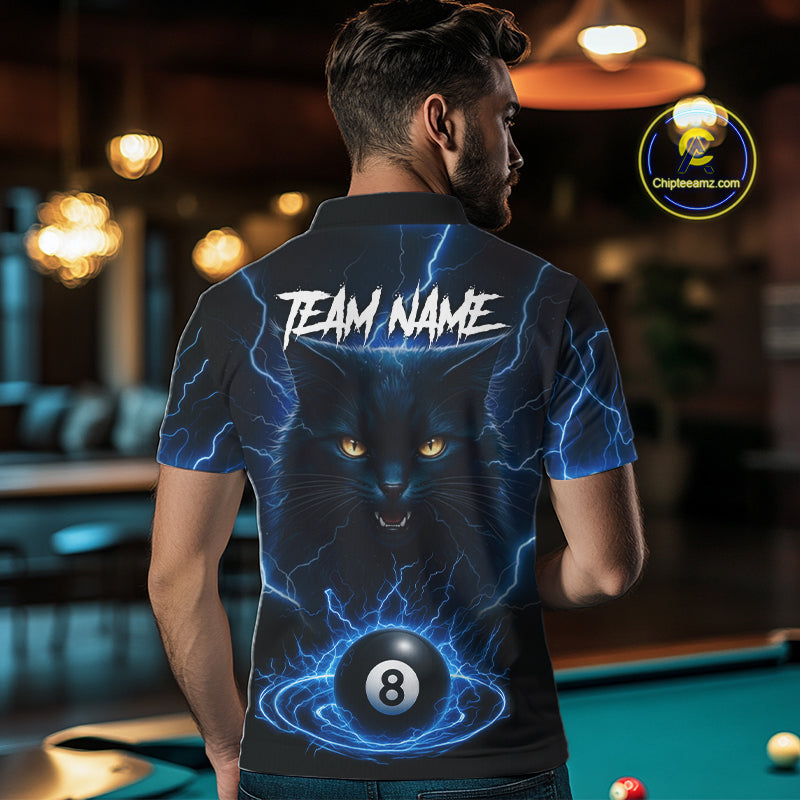Blue 8 Ball Thunder Lightning Cat Billiard Shirt For Men Custom Pool Team Jersey Polo & 1/4 Zip TDM5065