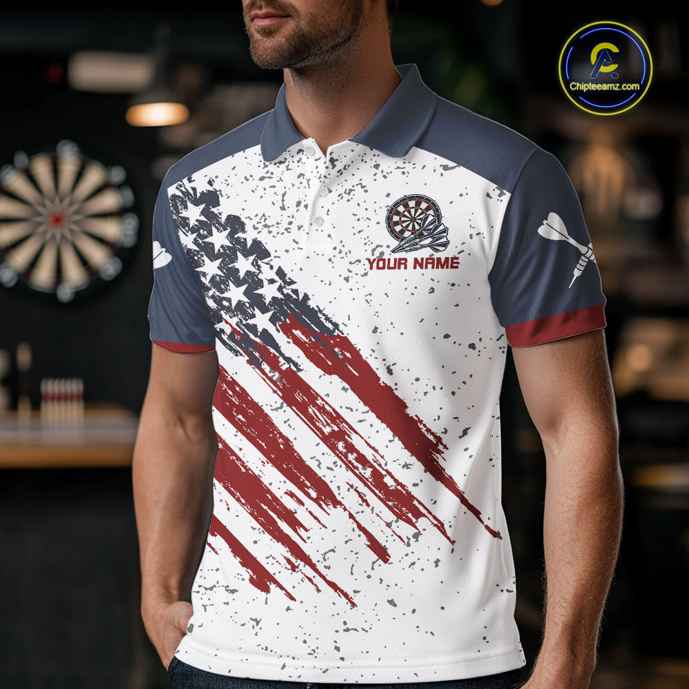 White Grunge American Flag Darts Shirts For Men Custom Patriotic Darts Team Jersey Polo & 1/4 Zip TDM7975