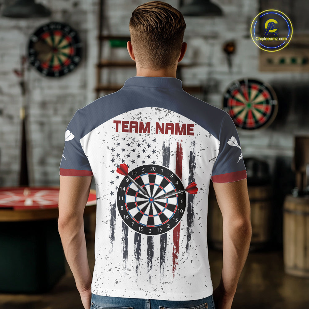 White Grunge American Flag Darts Shirts For Men Custom Patriotic Darts Team Jersey Polo & 1/4 Zip TDM7975