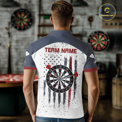 White Grunge American Flag Darts Shirts For Men Custom Patriotic Darts Team Jersey Polo & 1/4 Zip TDM7975