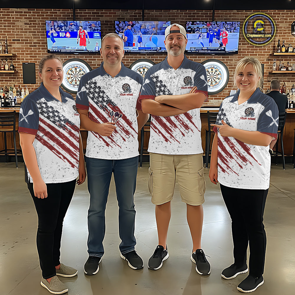 White Grunge American Flag Darts Shirts For Men Custom Patriotic Darts Team Jersey Polo & 1/4 Zip TDM7975