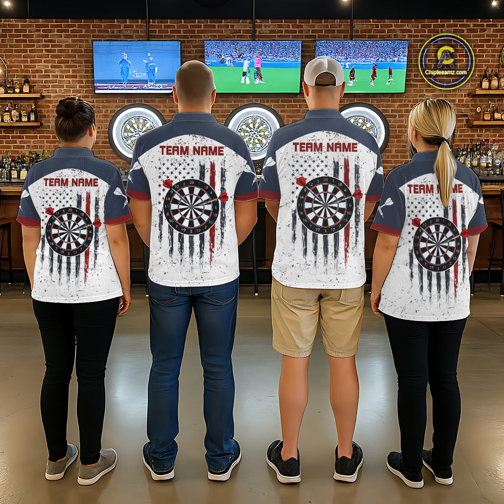 White Grunge American Flag Darts Shirts For Men Custom Patriotic Darts Team Jersey Polo & 1/4 Zip TDM7975