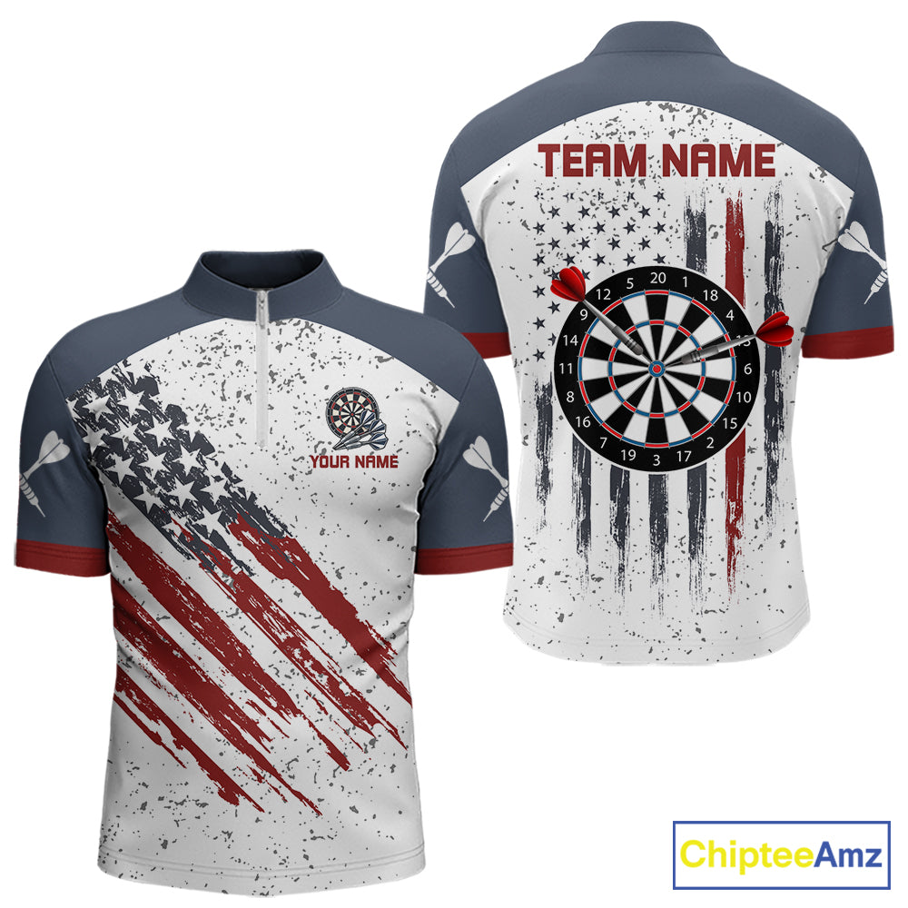 White Grunge American Flag Darts Shirts For Men Custom Patriotic Darts Team Jersey Polo & 1/4 Zip TDM7975