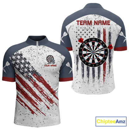 White Grunge American Flag Darts Shirts For Men Custom Patriotic Darts Team Jersey Polo & 1/4 Zip TDM7975
