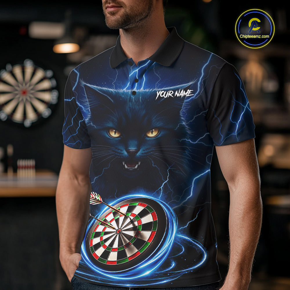 Blue Dartboard Thunder Lightning Cat Darts Shirt For Men Custom Darts Team Jersey Polo & 1/4 Zip TDM7976