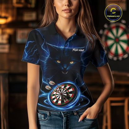 Blue Dartboard Thunder Lightning Cat Darts Shirt For Women Custom Darts Team Jersey Polo & 1/4 Zip TDM7976