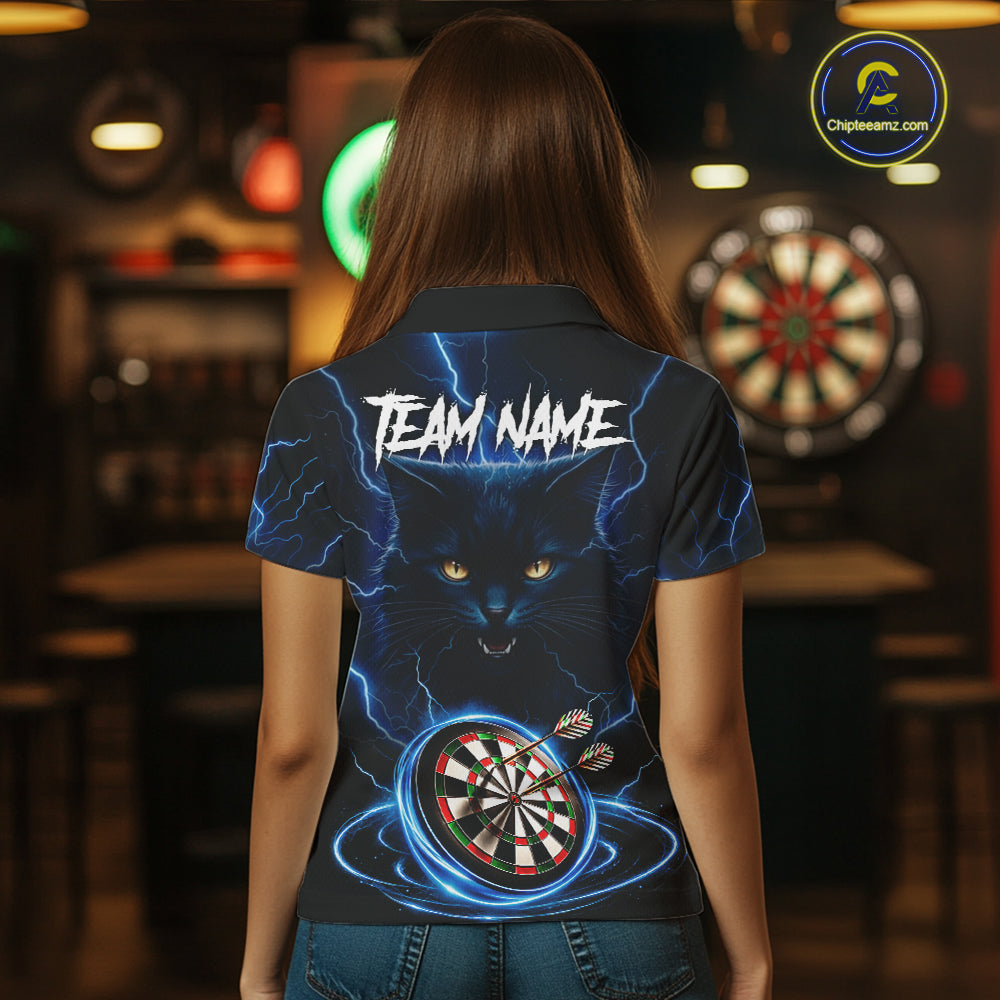 Blue Dartboard Thunder Lightning Cat Darts Shirt For Women Custom Darts Team Jersey Polo & 1/4 Zip TDM7976