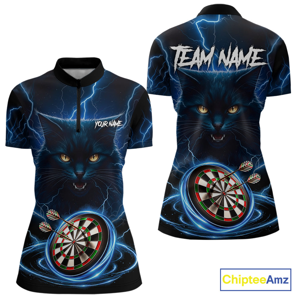 Blue Dartboard Thunder Lightning Cat Darts Shirt For Women Custom Darts Team Jersey Polo & 1/4 Zip TDM7976