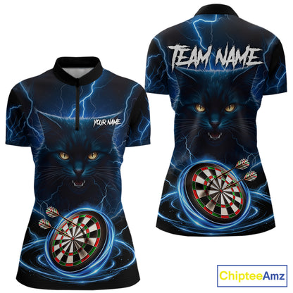 Blue Dartboard Thunder Lightning Cat Darts Shirt For Women Custom Darts Team Jersey Polo & 1/4 Zip TDM7976