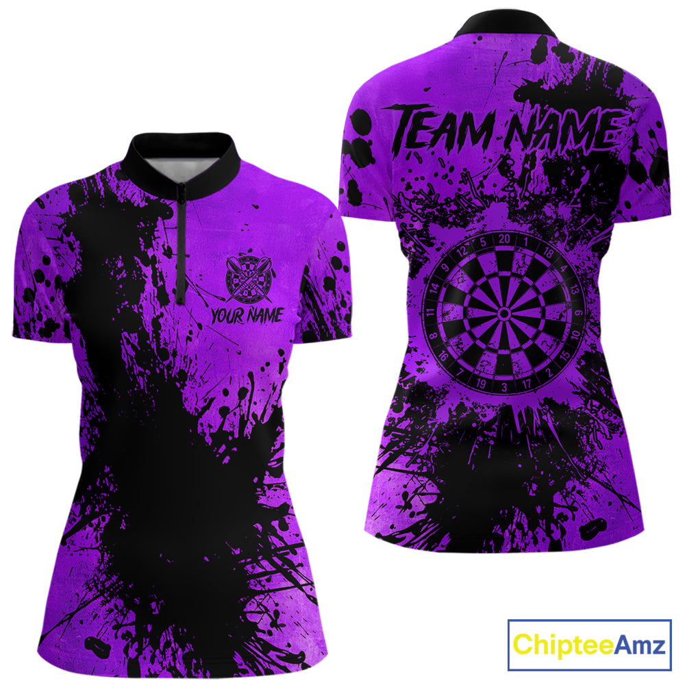 Black And Purple Grunge Women's Darts Shirts Custom Darts League Team Jersey Polo & Quarter Zip TDM7978