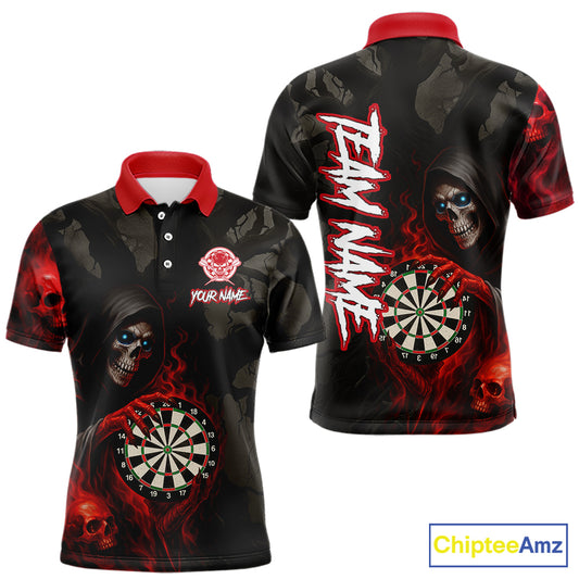 Red Grim Reaper Flame Darts Shirt For Men Custom Skull Darts Jersey Team Polo & Quarter Zip TDM5529