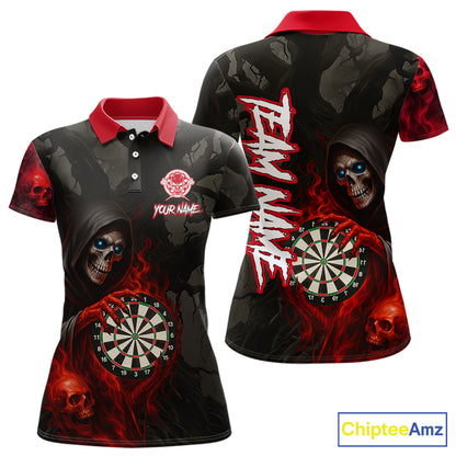 Red Grim Reaper Flame Darts Shirt For Women Custom Skull Darts Jersey Team Polo & Quarter Zip TDM5529