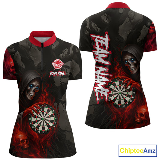 Red Grim Reaper Flame Darts Shirt For Women Custom Skull Darts Jersey Team Polo & Quarter Zip TDM5529