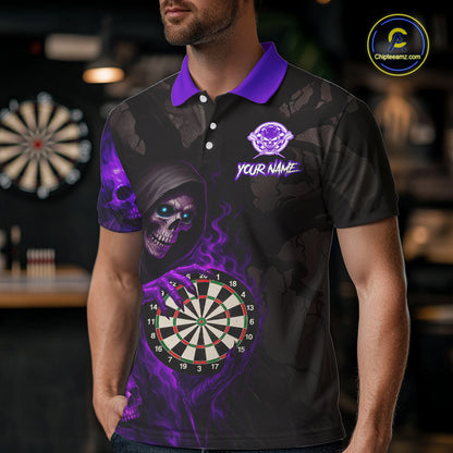 Purple Grim Reaper Flame Darts Shirt For Men Custom Skull Darts Jersey Team Polo & Quarter Zip TDM5530