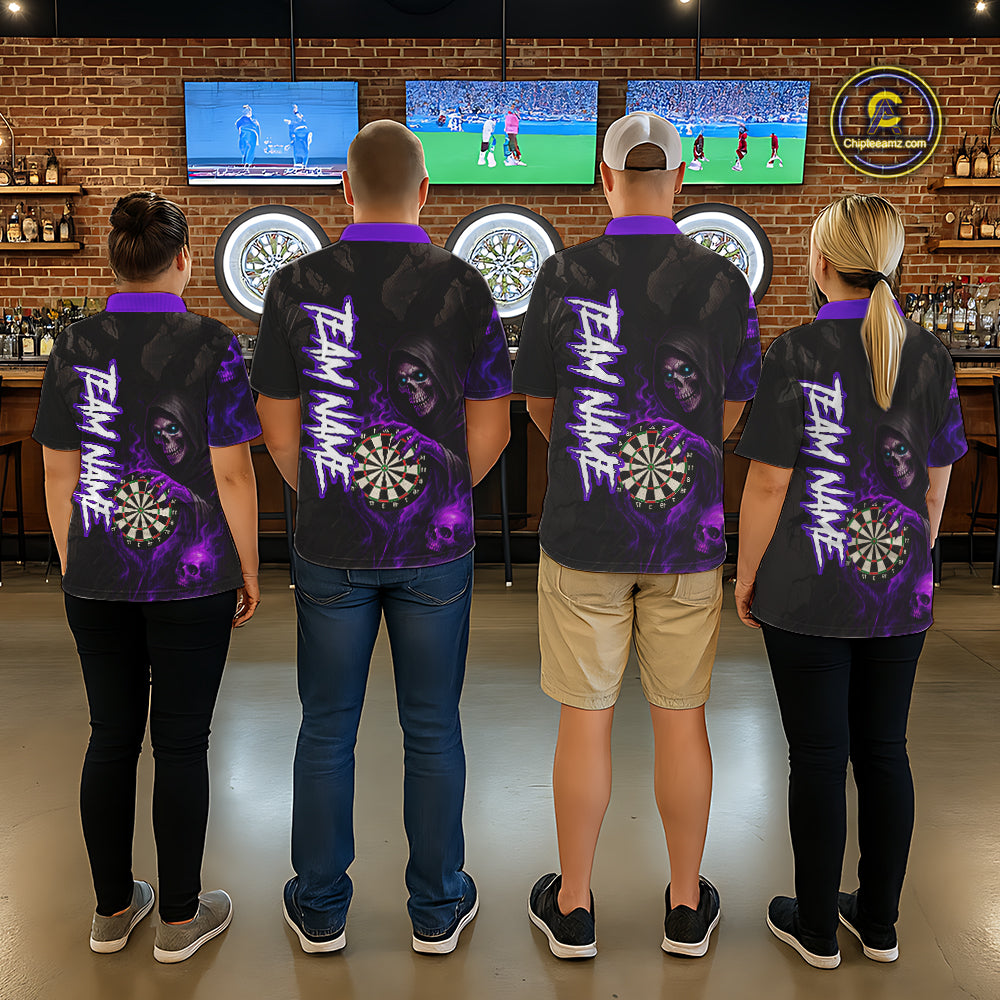 Purple Grim Reaper Flame Darts Shirt For Men Custom Skull Darts Jersey Team Polo & Quarter Zip TDM5530
