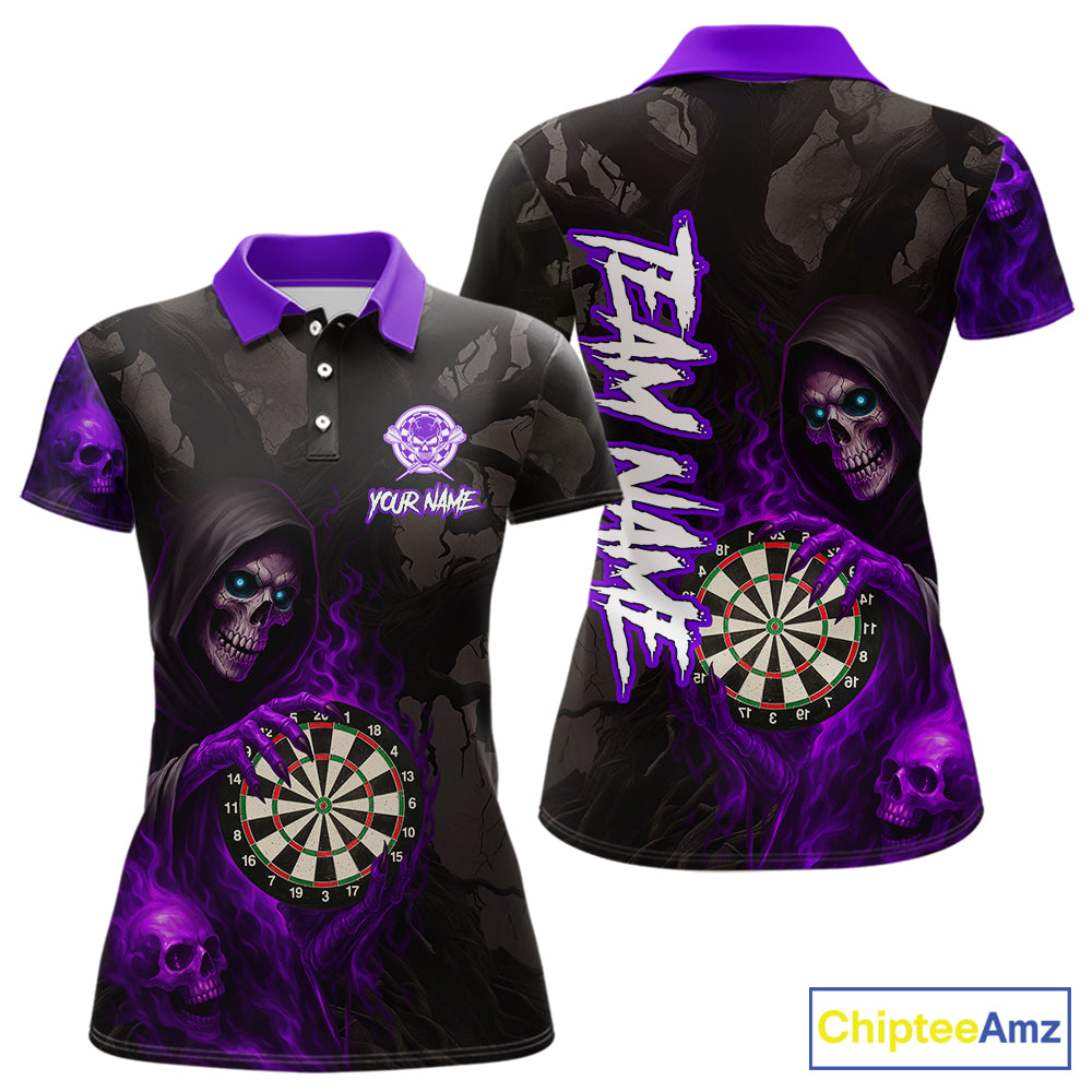 Purple Grim Reaper Flame Darts Shirt For Women Custom Skull Darts Jersey Team Polo & Quarter Zip TDM5530