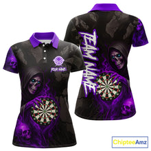 Load image into Gallery viewer, Purple Grim Reaper Flame Darts Shirt For Women Custom Skull Darts Jersey Team Polo &amp; Quarter Zip TDM5530