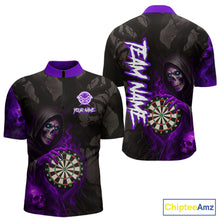 Load image into Gallery viewer, Purple Grim Reaper Flame Darts Shirt For Men Custom Skull Darts Jersey Team Polo &amp; Quarter Zip TDM5530