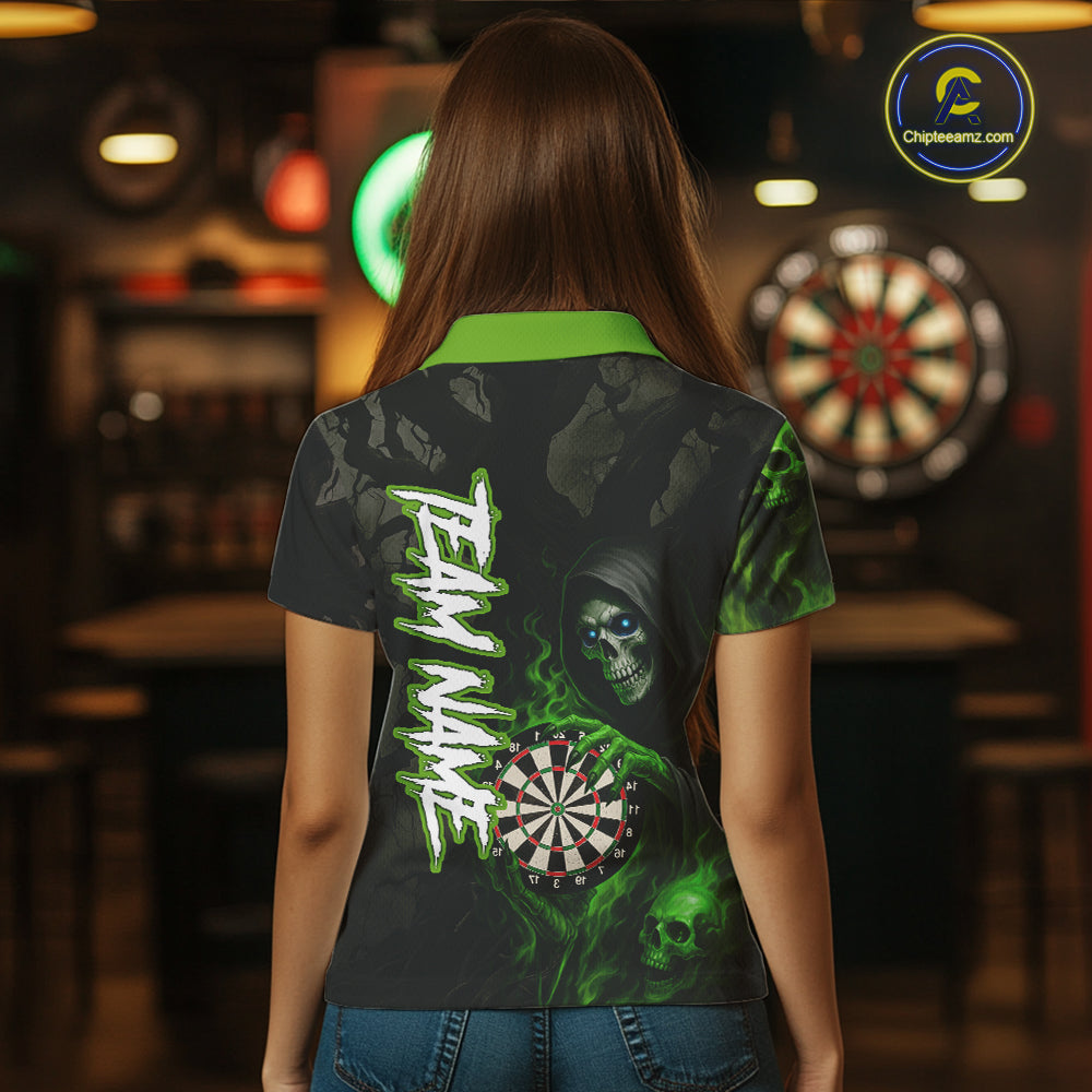 Green Grim Reaper Flame Darts Shirt For Women Custom Skull Darts Jersey Team Polo & Quarter Zip TDM5531