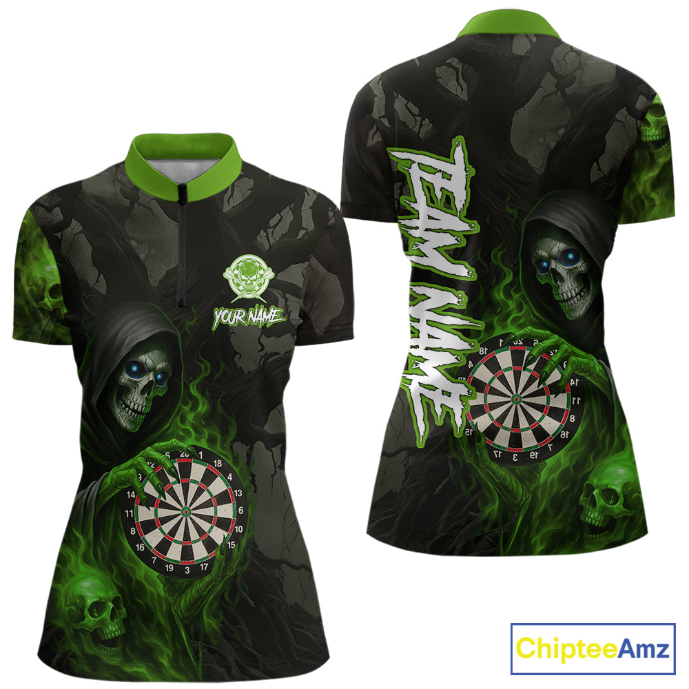 Green Grim Reaper Flame Darts Shirt For Women Custom Skull Darts Jersey Team Polo & Quarter Zip TDM5531