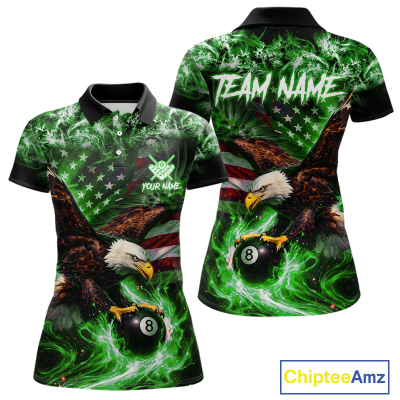 Green Flaming Eagle 8 Ball Billiard Shirt For Women Custom US Flag Pool Team Jersey Polo & 1/ 4 Zip TDM6153