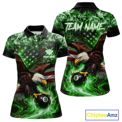 Green Flaming Eagle 8 Ball Billiard Shirt For Women Custom US Flag Pool Team Jersey Polo & 1/ 4 Zip TDM6153