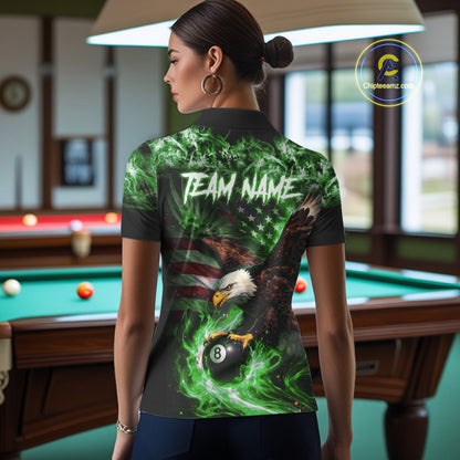 Green Flaming Eagle 8 Ball Billiard Shirt For Women Custom US Flag Pool Team Jersey Polo & 1/ 4 Zip TDM6153
