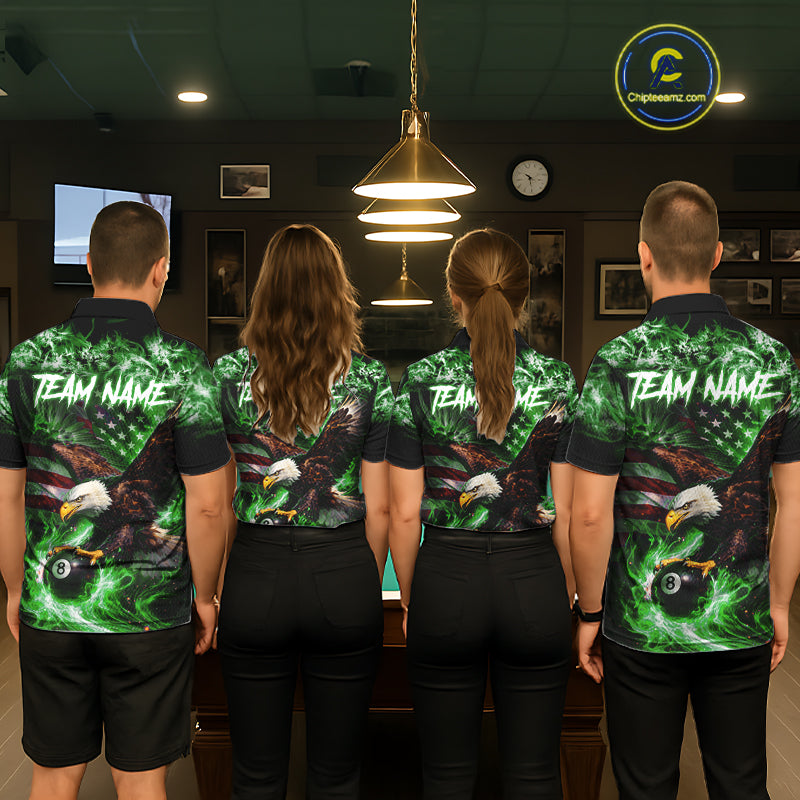 Green Flaming Eagle 8 Ball Billiard Shirt For Men Custom US Flag Pool Team Jersey Polo & 1/ 4 Zip TDM6153