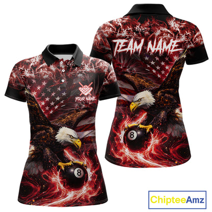 Red Flaming Eagle 8 Ball Billiard Shirt For Women Custom US Flag Pool Team Jersey Polo & 1/ 4 Zip TDM6154