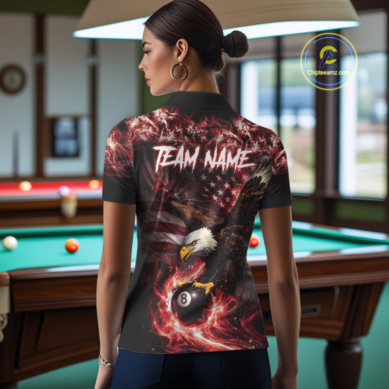 Red Flaming Eagle 8 Ball Billiard Shirt For Women Custom US Flag Pool Team Jersey Polo & 1/ 4 Zip TDM6154