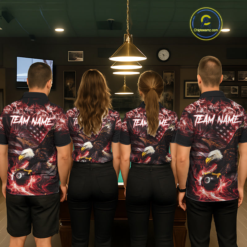 Red Flaming Eagle 8 Ball Billiard Shirt For Men Custom US Flag Pool Team Jersey Polo & 1/ 4 Zip TDM6154