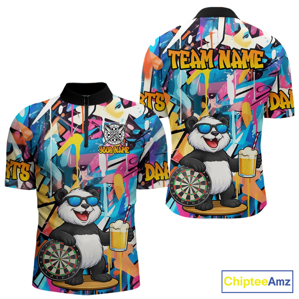Funny Panda Colorful Graffiti Darts Shirt For Men Custom Darts Team Jersey Polo & 1/4 Zip TDM6394