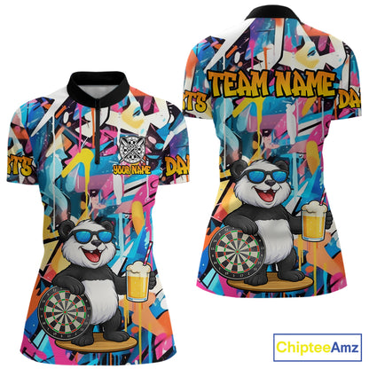 Funny Panda Colorful Graffiti Darts Shirt For Women Custom Darts Team Jersey Polo & 1/4 Zip TDM6394