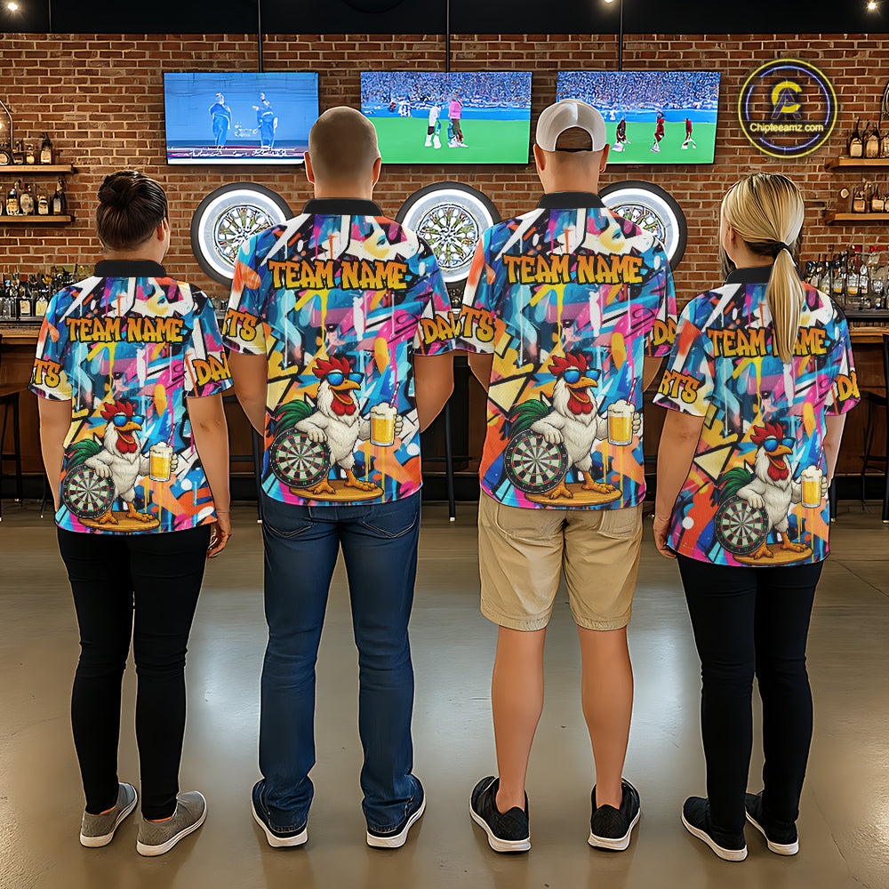 Funny Rooster Colorful Graffiti Darts Shirt For Men Custom Darts Team Jersey Polo & 1/4 Zip TDM6395