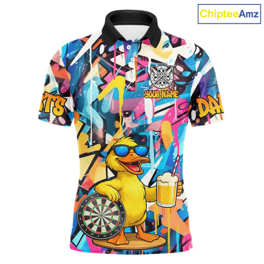 Funny Duck Colorful Graffiti Darts Shirt For Men Custom Darts Team Jersey Polo & 1/4 Zip TDM6396