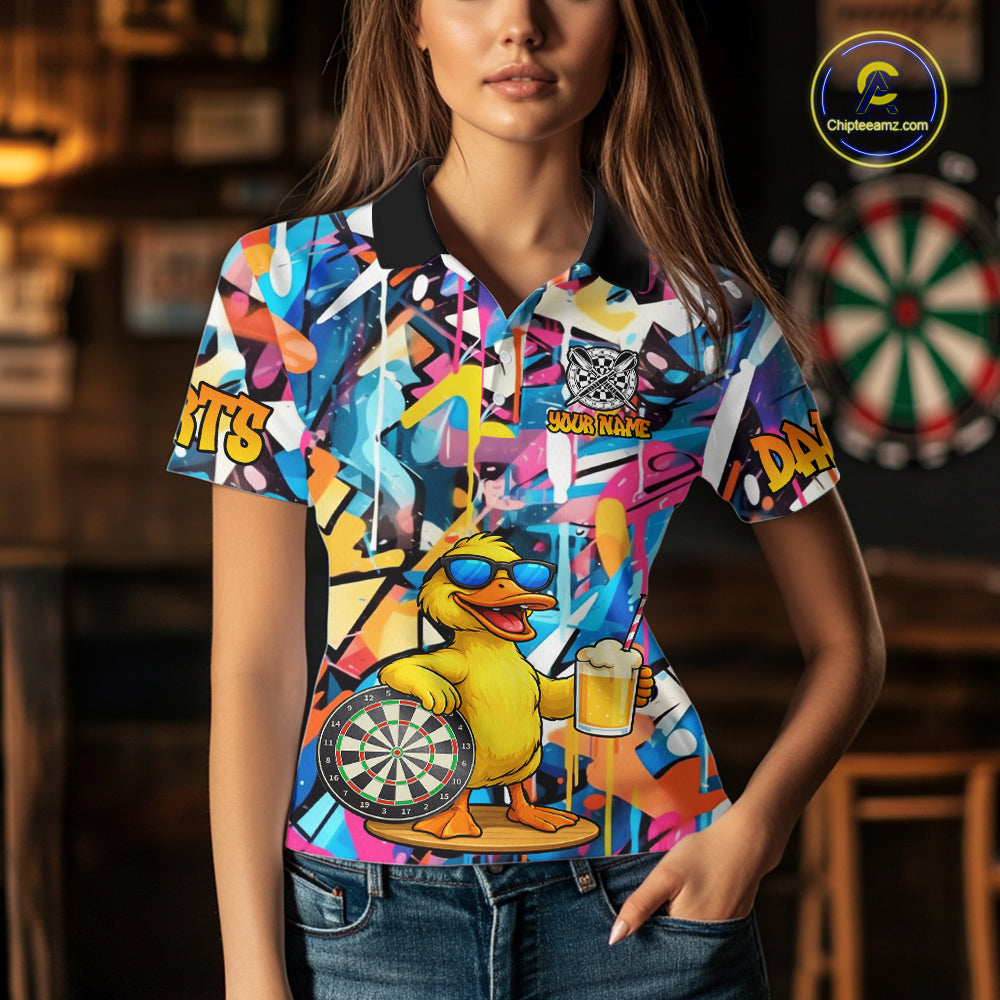 Funny Duck Colorful Graffiti Darts Shirt For Women Custom Darts Team Jersey Polo & 1/4 Zip TDM6396