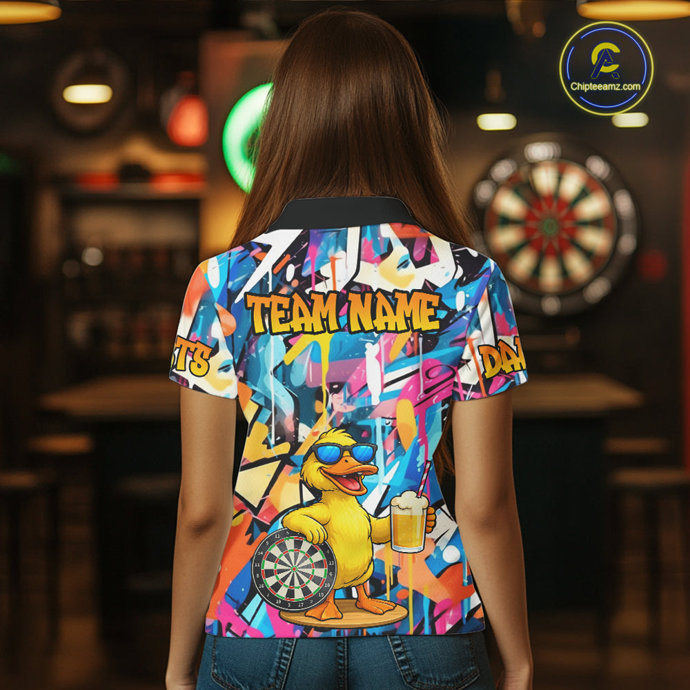 Funny Duck Colorful Graffiti Darts Shirt For Women Custom Darts Team Jersey Polo & 1/4 Zip TDM6396