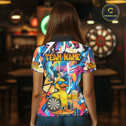 Funny Duck Colorful Graffiti Darts Shirt For Women Custom Darts Team Jersey Polo & 1/4 Zip TDM6396