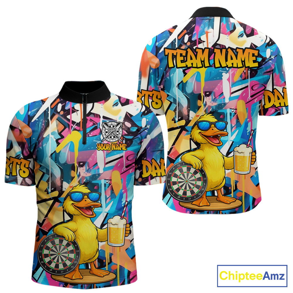 Funny Duck Colorful Graffiti Darts Shirt For Men Custom Darts Team Jersey Polo & 1/4 Zip TDM6396