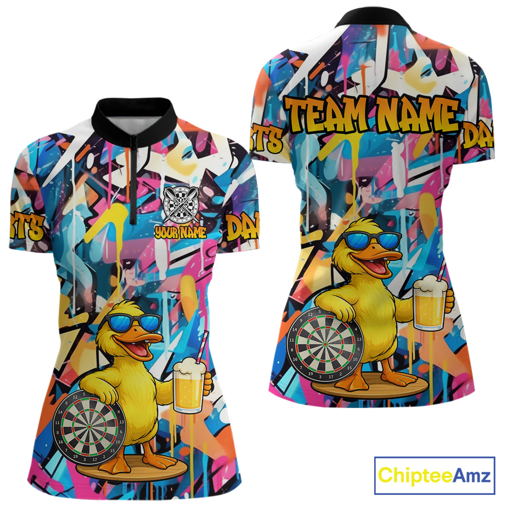Funny Duck Colorful Graffiti Darts Shirt For Women Custom Darts Team Jersey Polo & 1/4 Zip TDM6396