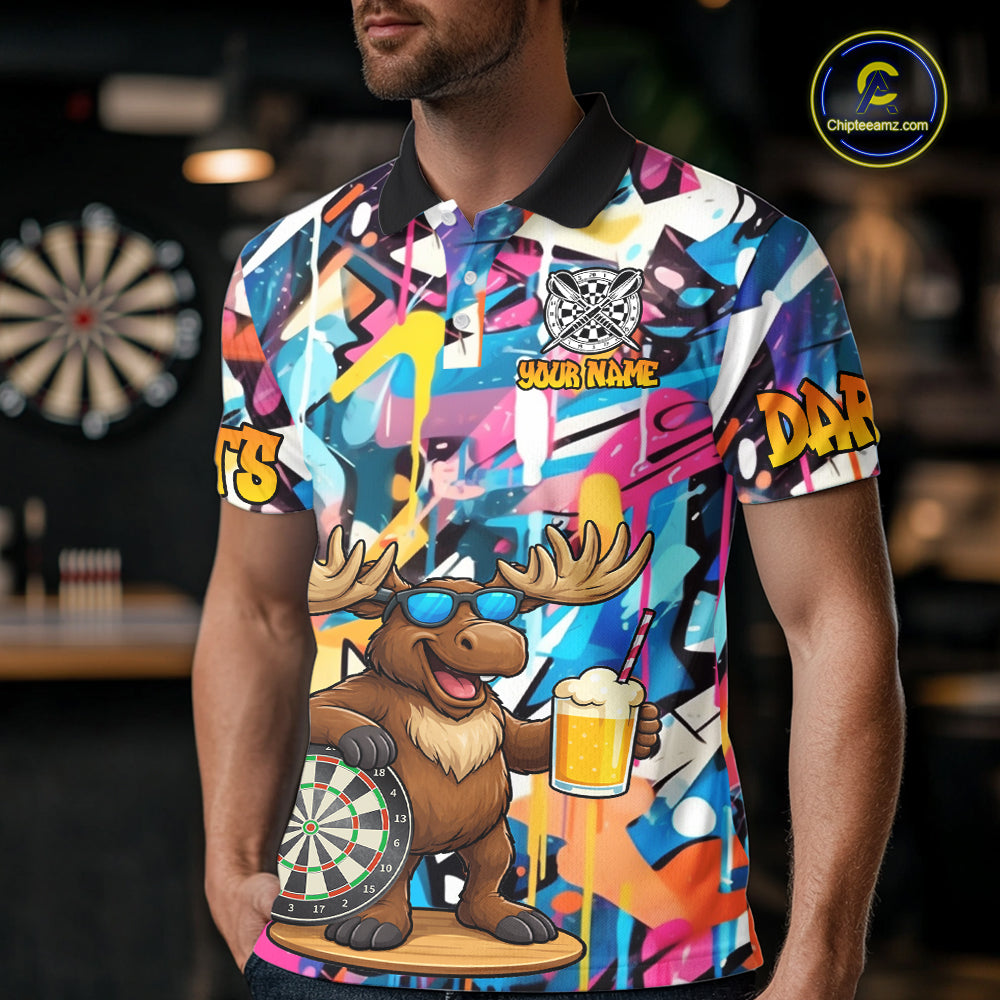 Funny Moose Colorful Graffiti Darts Shirt For Men Custom Darts Team Jersey Polo & 1/4 Zip TDM6397