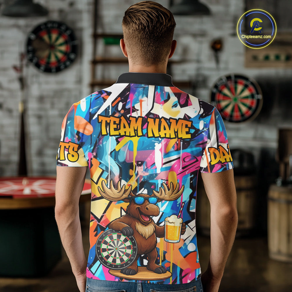 Funny Moose Colorful Graffiti Darts Shirt For Men Custom Darts Team Jersey Polo & 1/4 Zip TDM6397